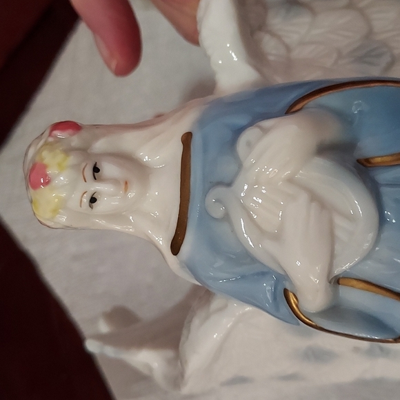 Twin Angels Pillar Candle Holder Dressed in Blue trimmed in Gilting Gold. - Picture 9 of 10